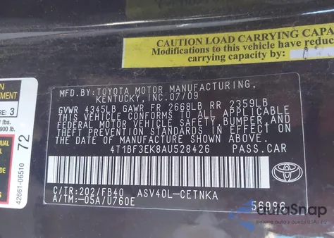 2010 Toyota Camry Le z USA, uszkodzony, nr VIN 4T1BF3EK8AU528426